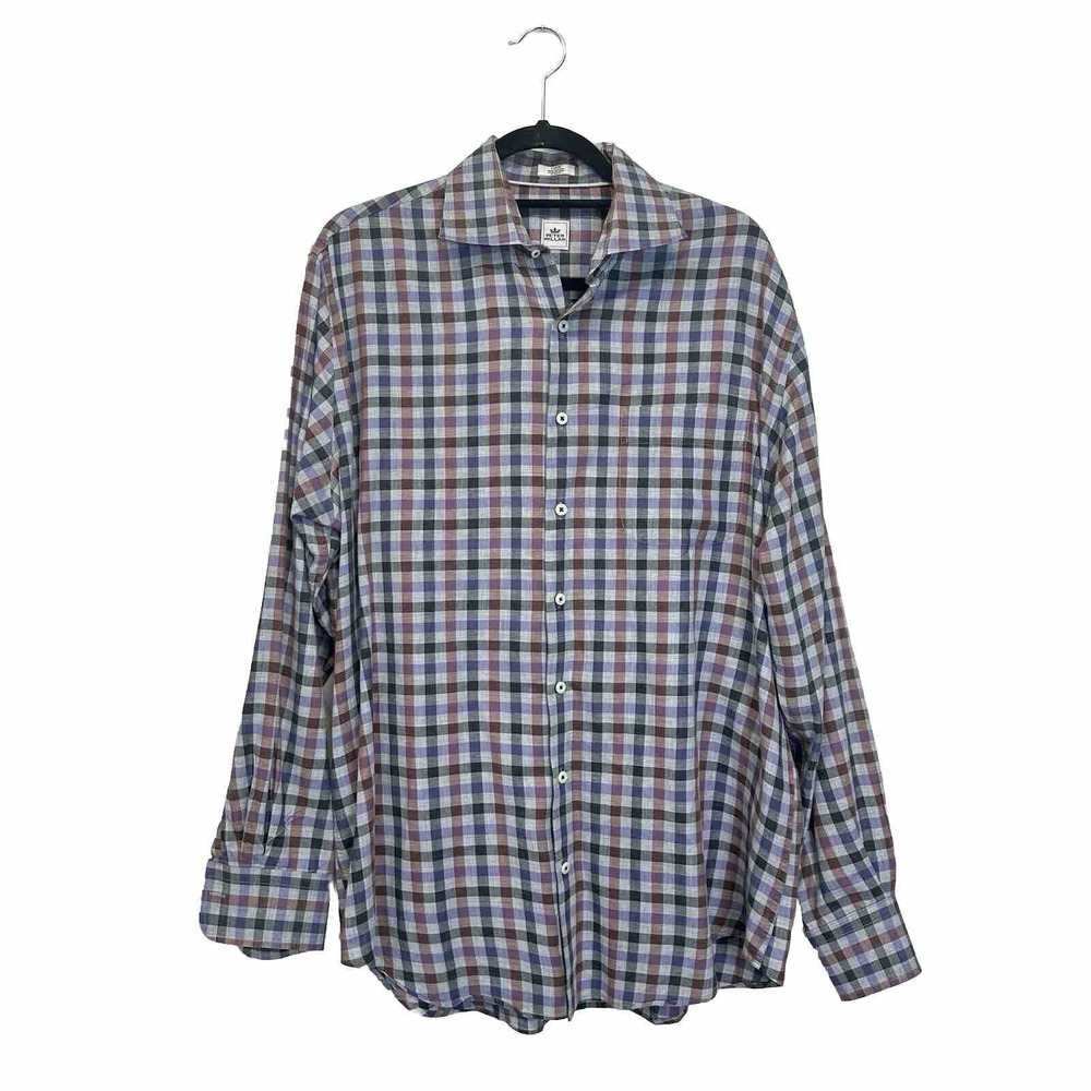 Peter Millar Shirt Men’s Size L Purple Black Plaid Button Up Front Long Sleeve‎